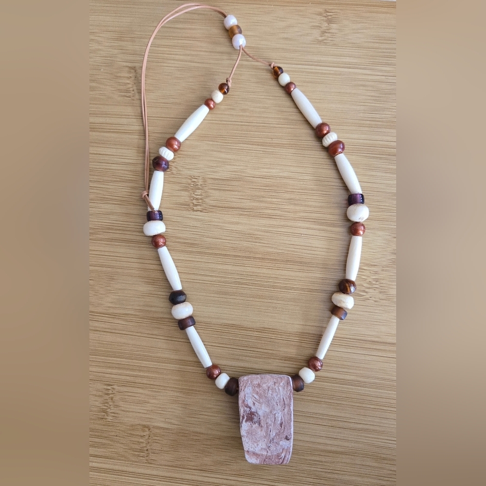 Handmade Clay Beaded Moai Head Pendant Necklace Southwestern Tribal 15" - Picture 3 of 4